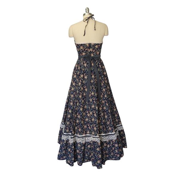 Gunne Sax Rooster Print Halter Dress Size 9 S Corset Lace Up Maxi Vintage 70s - Picture 10 of 13